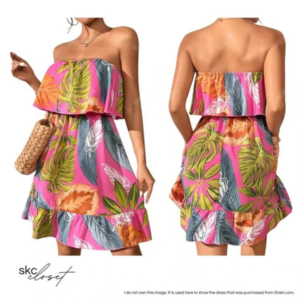 SHEIN Tropical Print Hot Pink Ruffle Hem Tube Dress - Hot Pink, Small
